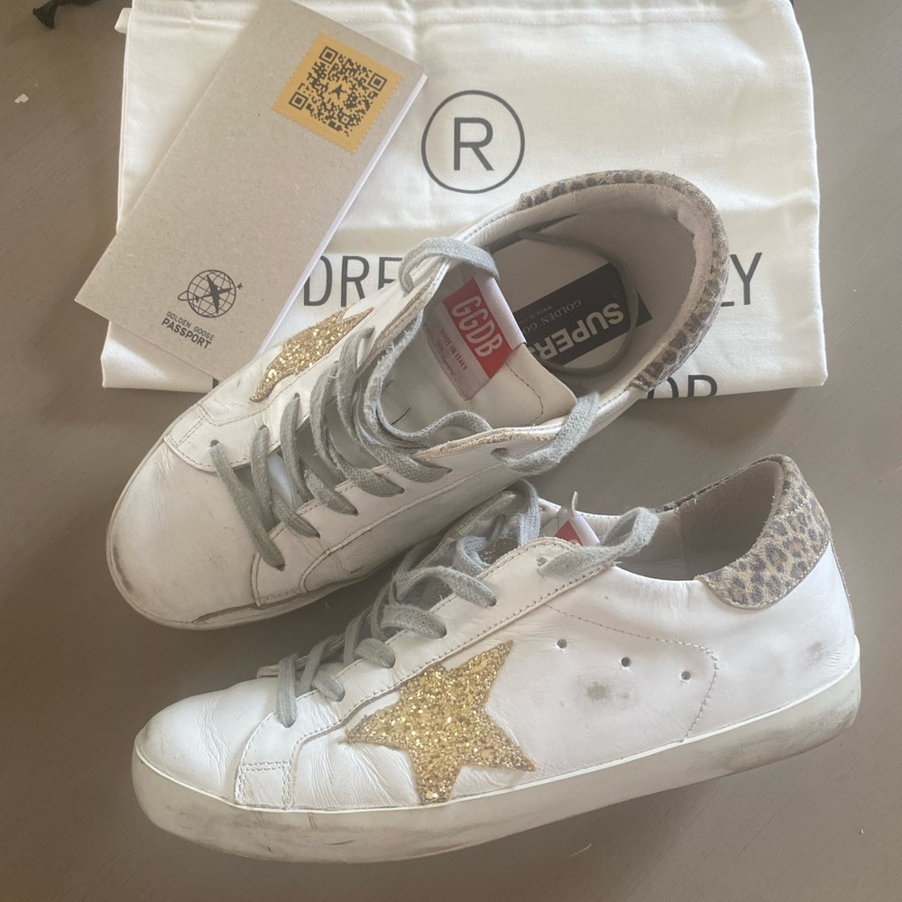 Golden Goose White Sneakers with Gold and Leopard Accents